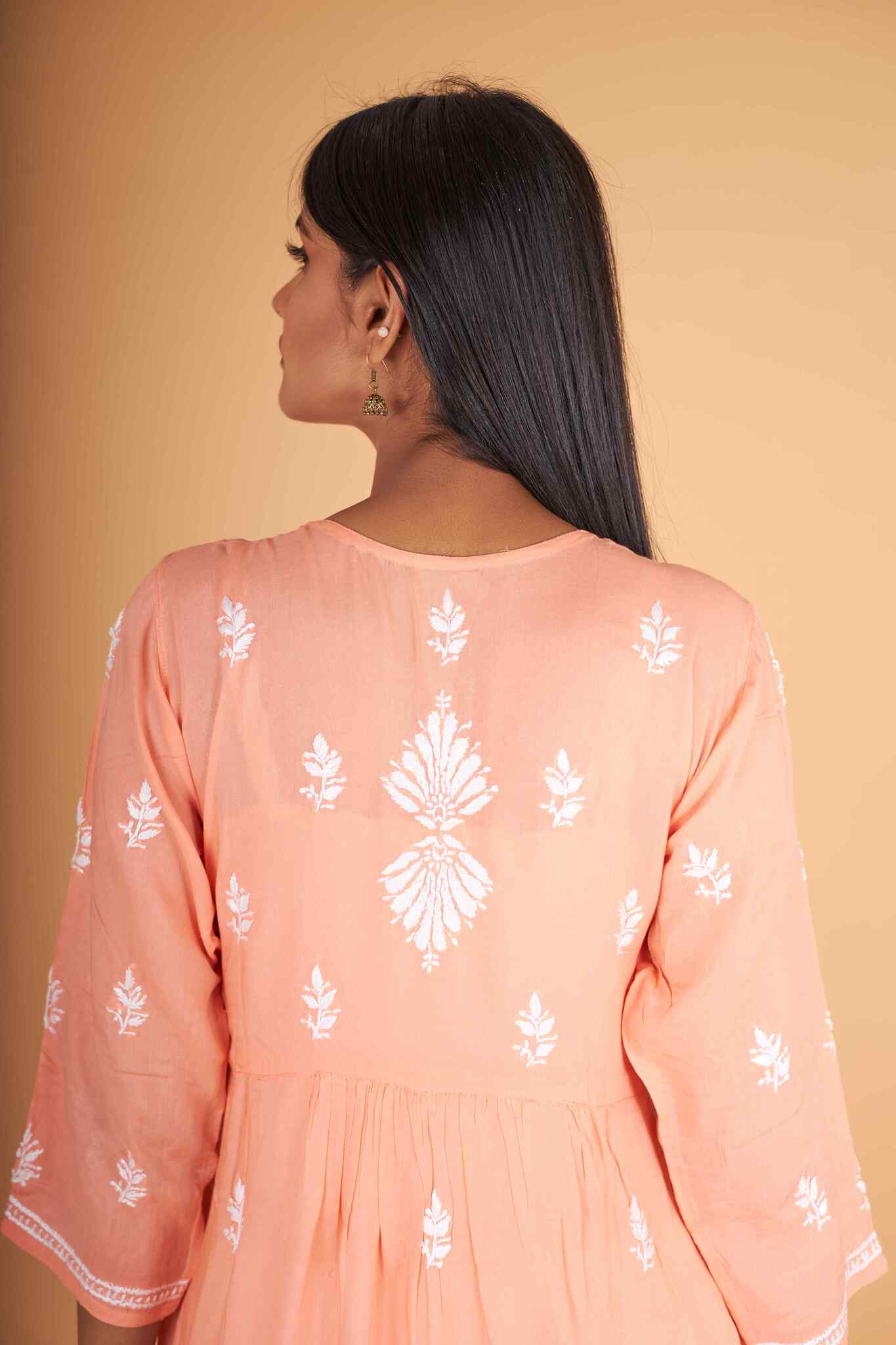 Arsh Handcrafted Salmon Orange Modal Chikankari Front Pocket Gown Dress - arshchikan