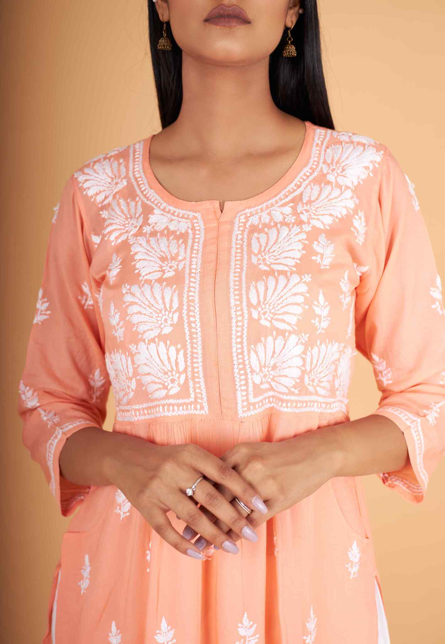 Arsh Handcrafted Salmon Orange Modal Chikankari Front Pocket Gown Dress - arshchikan