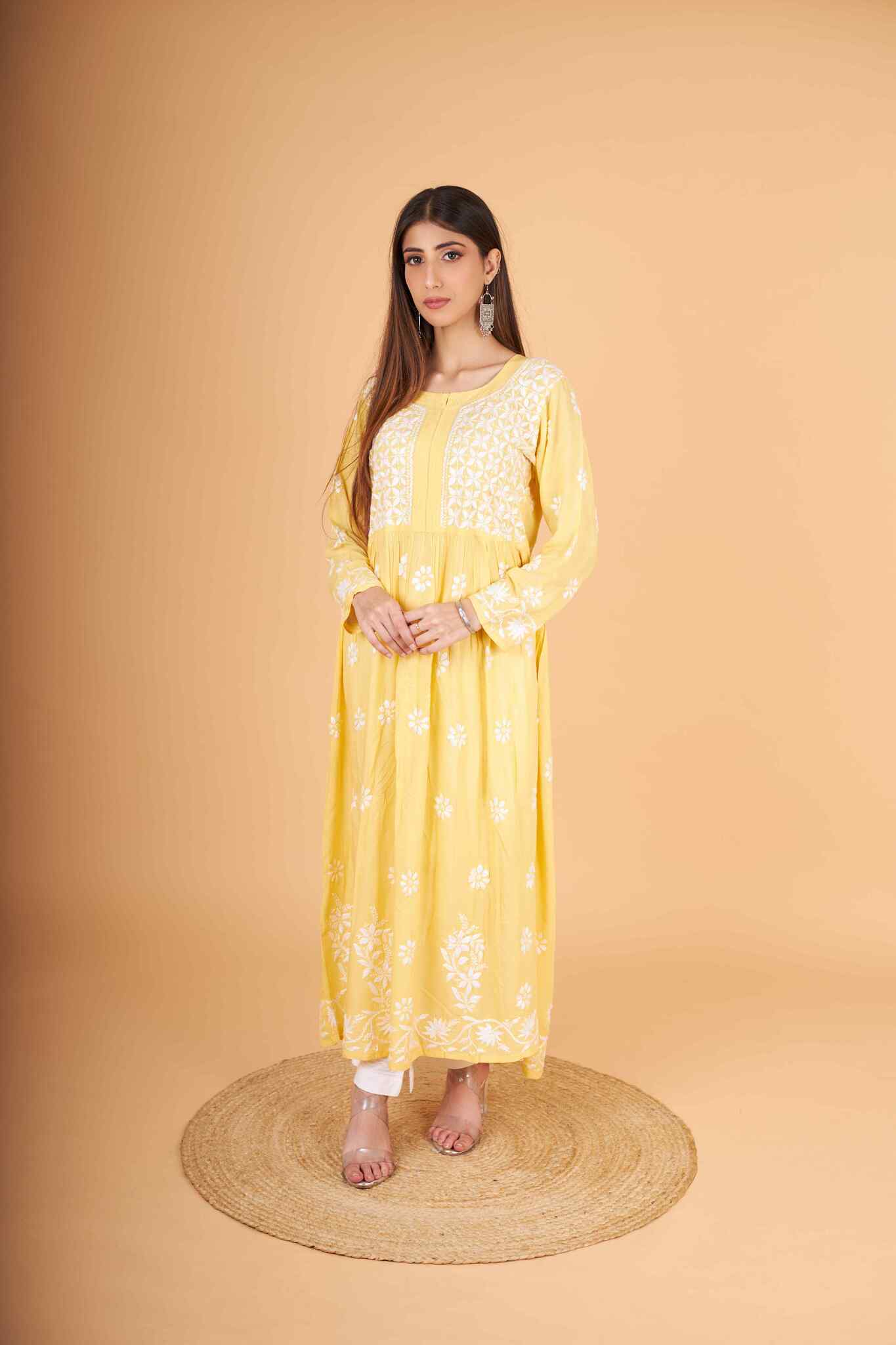 Arsh Handcrafted Yellow Modal Chikankari Gown Dress - arshchikan