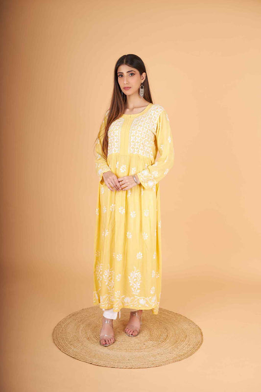 Arsh Handcrafted Yellow Modal Chikankari Gown Dress - arshchikan