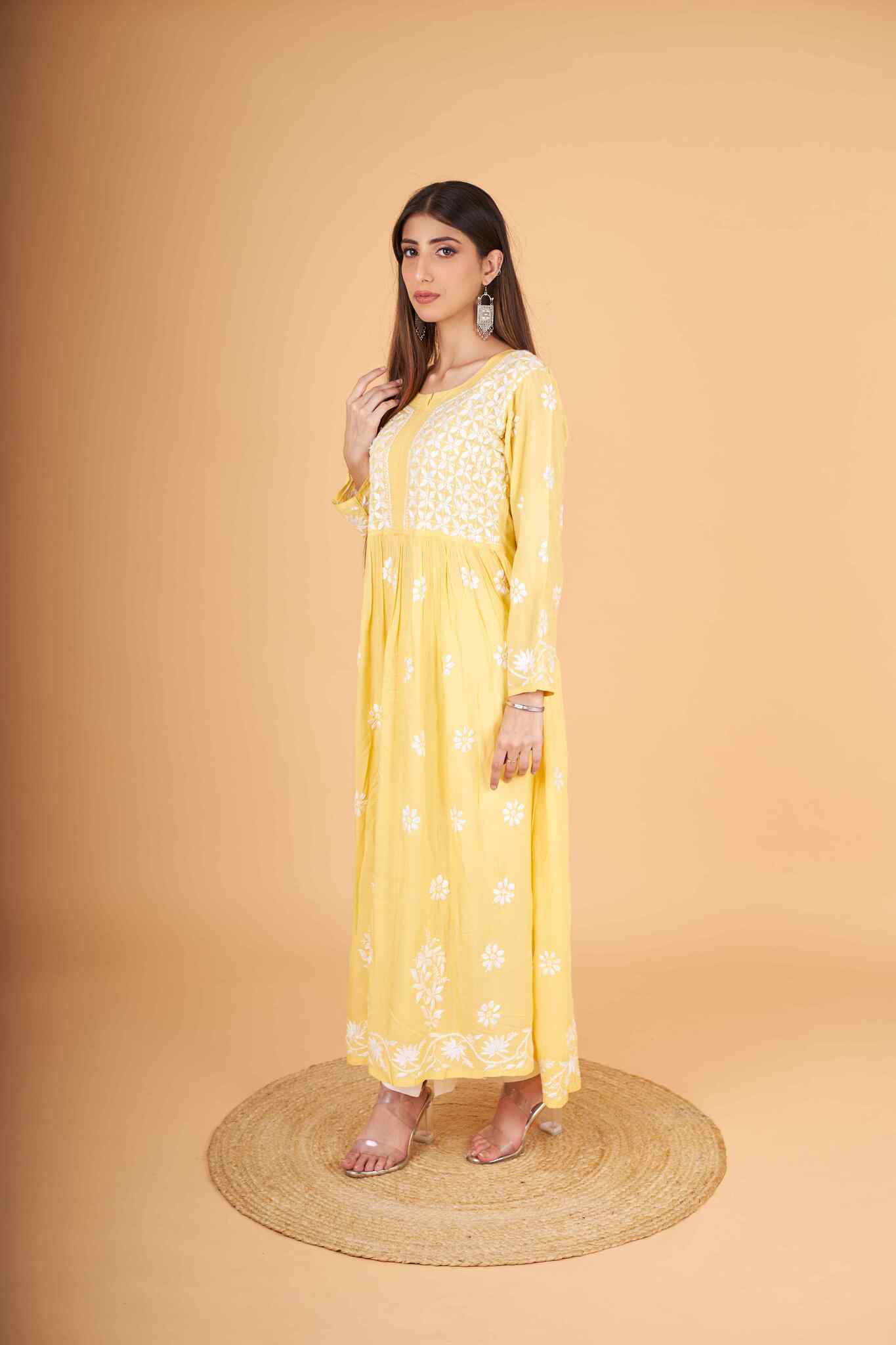 Arsh Handcrafted Yellow Modal Chikankari Gown Dress - arshchikan