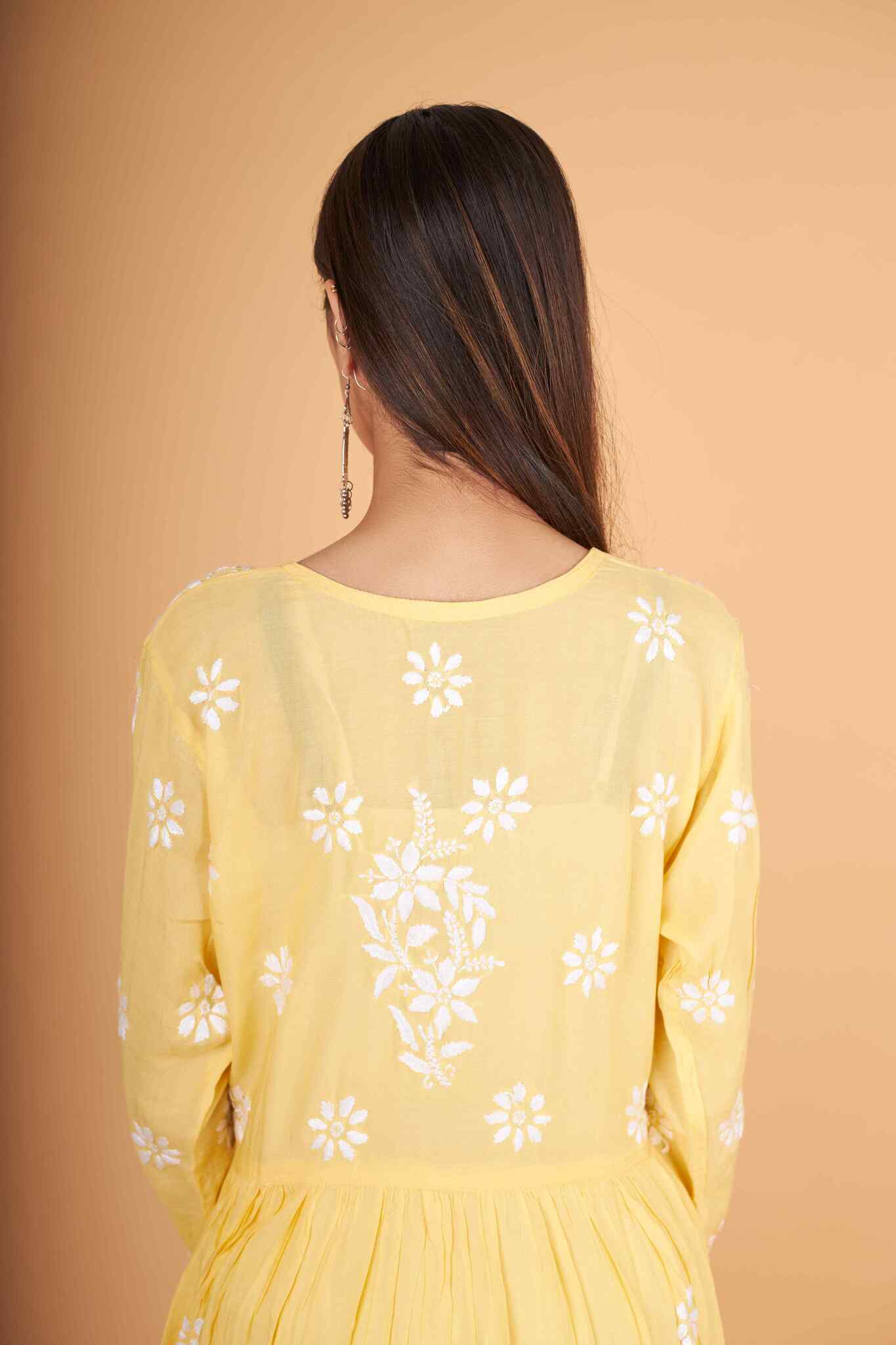 Arsh Handcrafted Yellow Modal Chikankari Gown Dress - arshchikan
