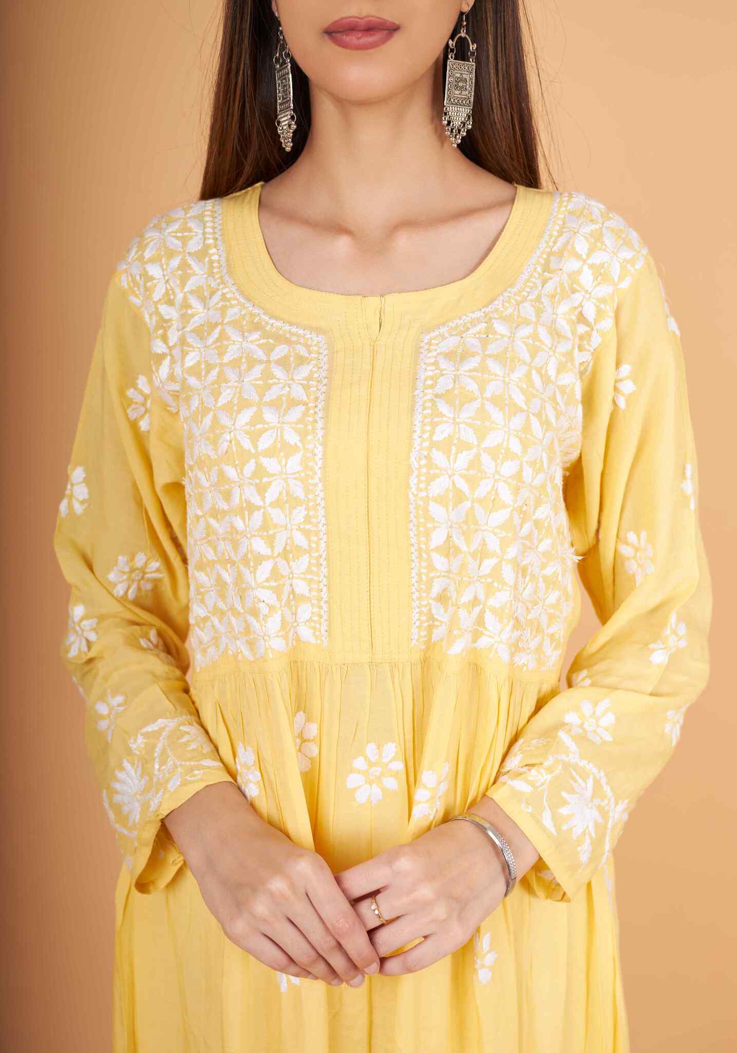Arsh Handcrafted Yellow Modal Chikankari Gown Dress - arshchikan