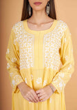 Arsh Handcrafted Yellow Modal Chikankari Gown Dress - arshchikan