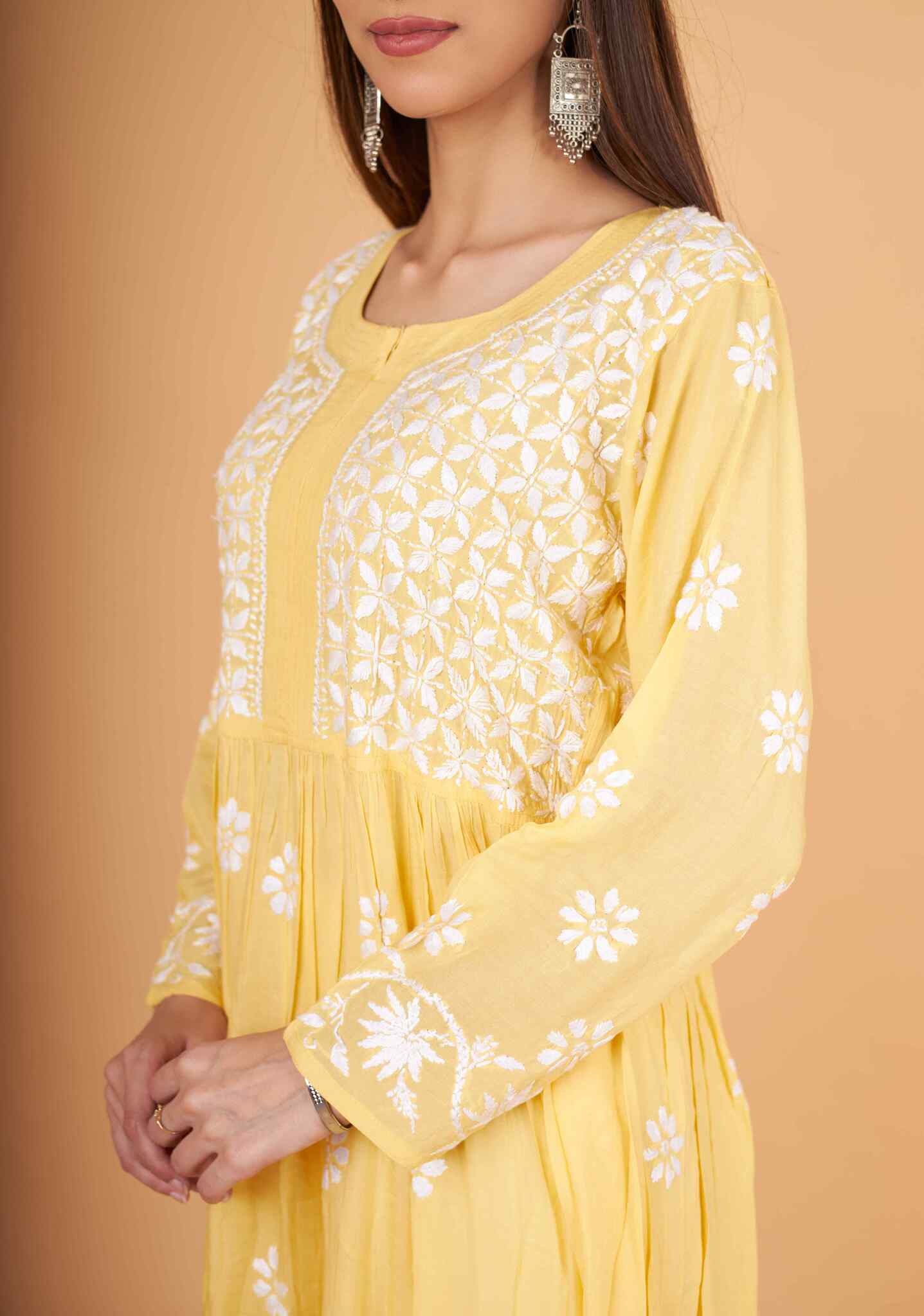 Arsh Handcrafted Yellow Modal Chikankari Gown Dress - arshchikan