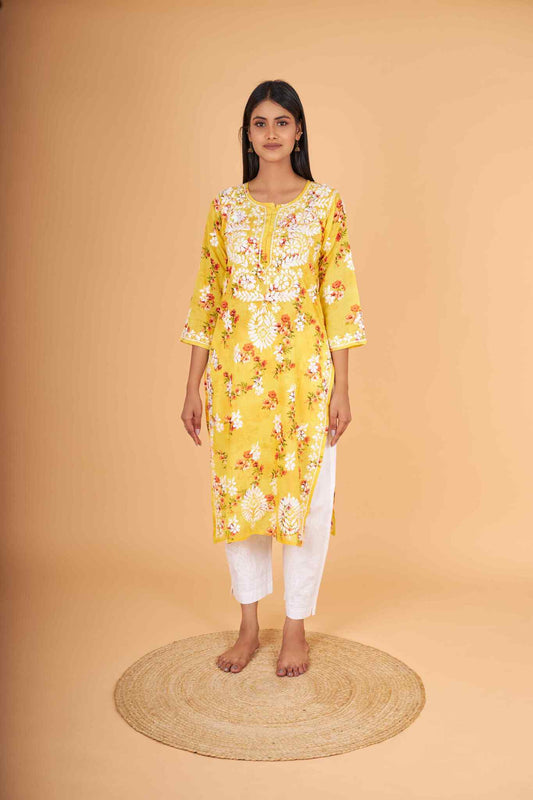 Arsh Handcrafted MulMul Cotton Printed Chikankari Kurti - arshchikan