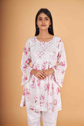 Arsh Handcrafted MulMul Cotton Printed Chikankari Frock Pattern Top - arshchikan