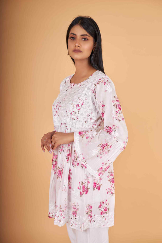Arsh Handcrafted MulMul Cotton Printed Chikankari Frock Pattern Top - arshchikan