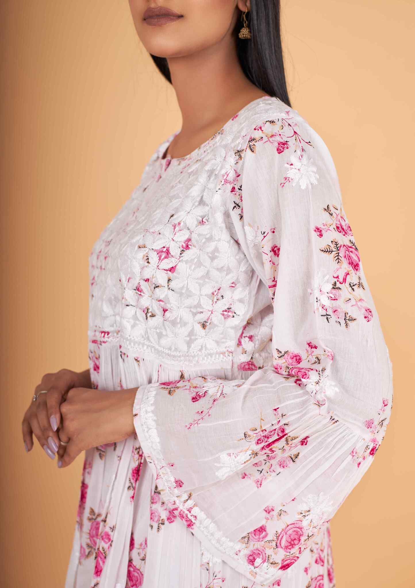 Arsh Handcrafted MulMul Cotton Printed Chikankari Frock Pattern Top - arshchikan