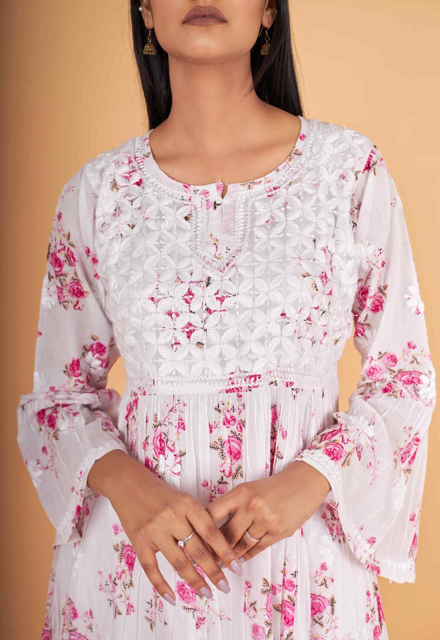 Arsh Handcrafted MulMul Cotton Printed Chikankari Frock Pattern Top - arshchikan