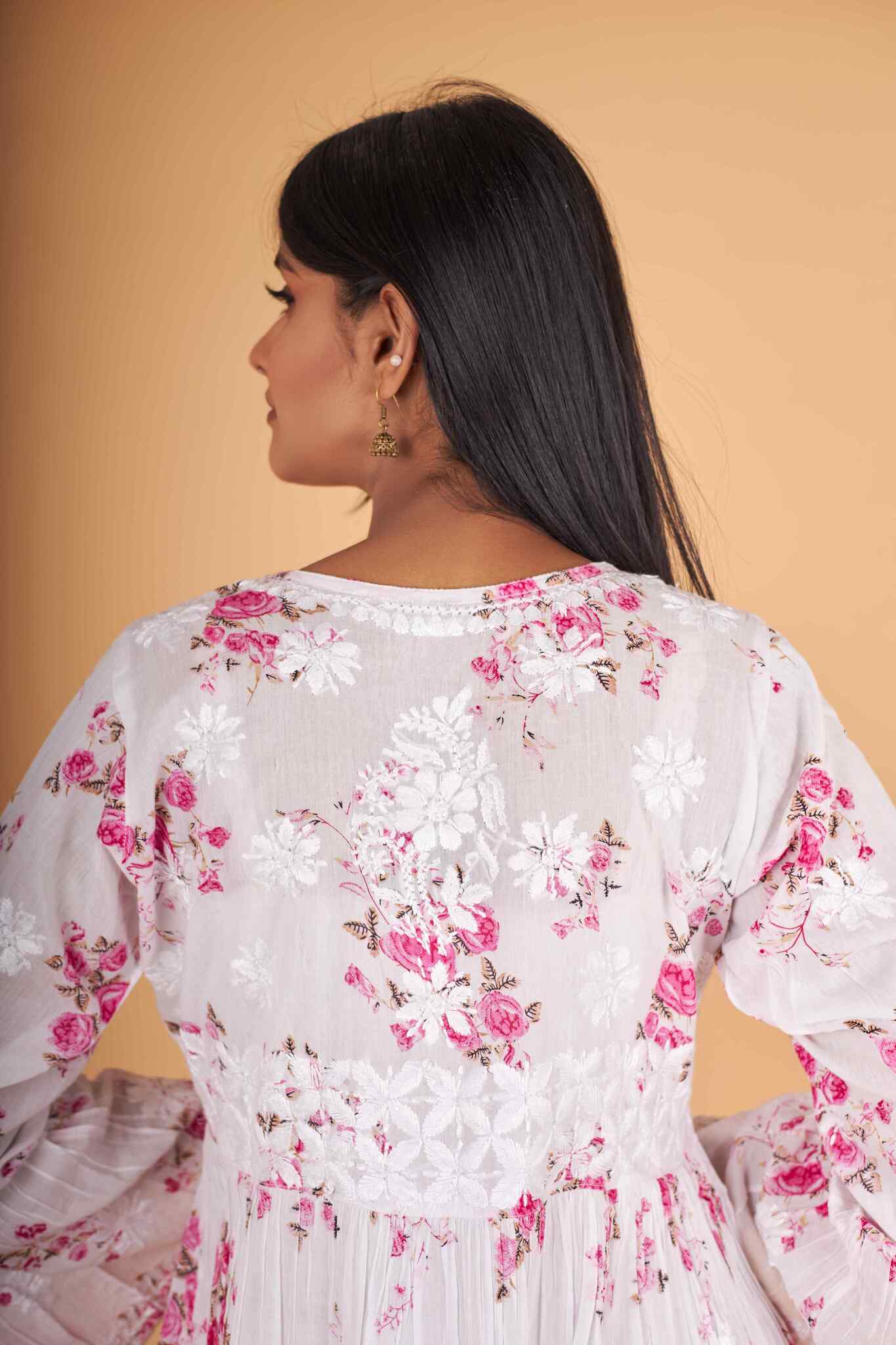 Arsh Handcrafted MulMul Cotton Printed Chikankari Frock Pattern Top - arshchikan