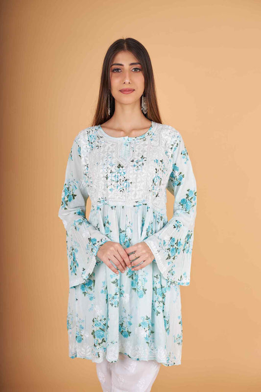 Arsh Handcrafted MulMul Cotton Printed Chikankari Frock Pattern Top - arshchikan