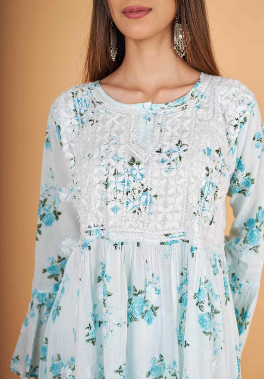 Arsh Handcrafted MulMul Cotton Printed Chikankari Frock Pattern Top - arshchikan