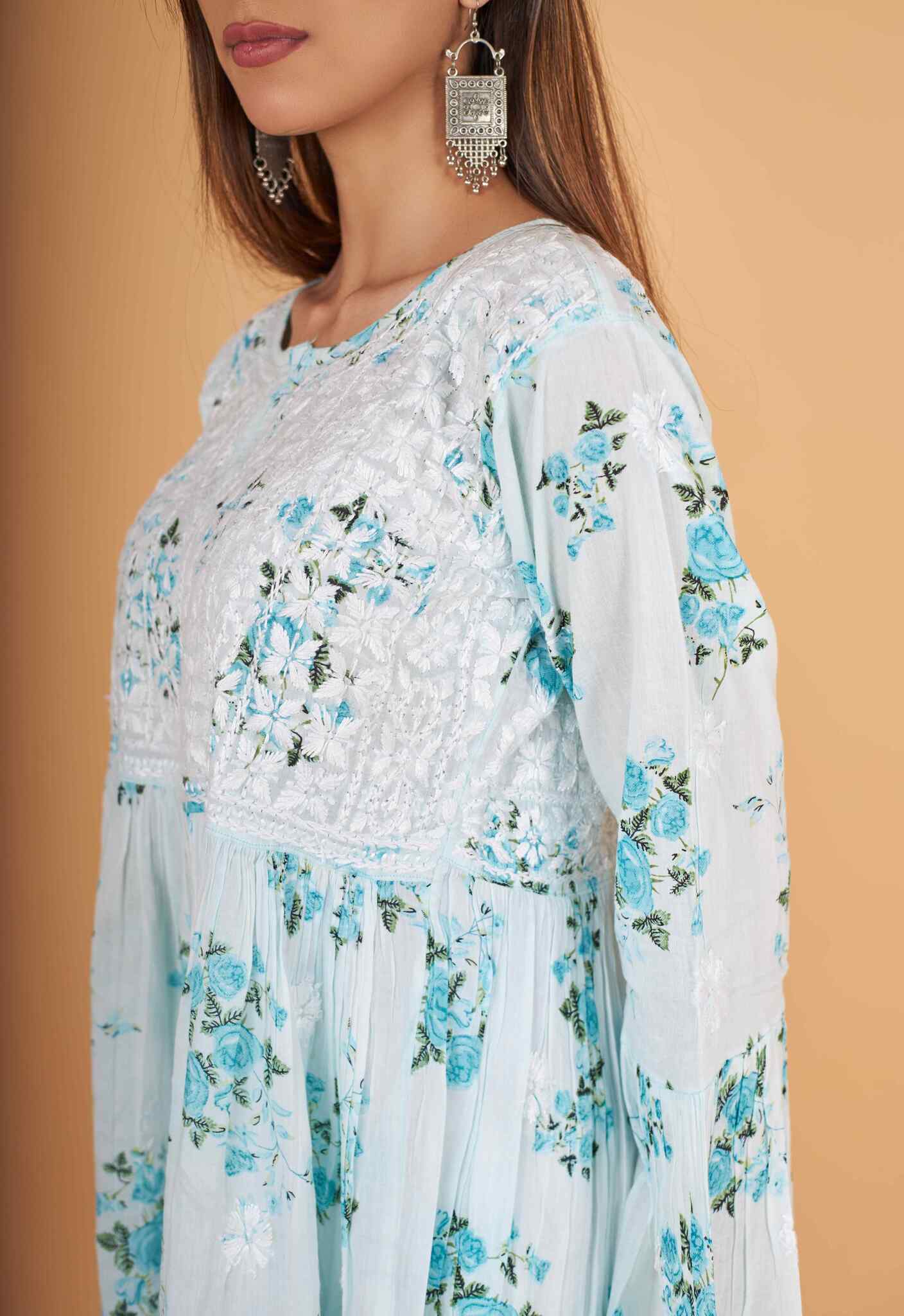 Arsh Handcrafted MulMul Cotton Printed Chikankari Frock Pattern Top - arshchikan