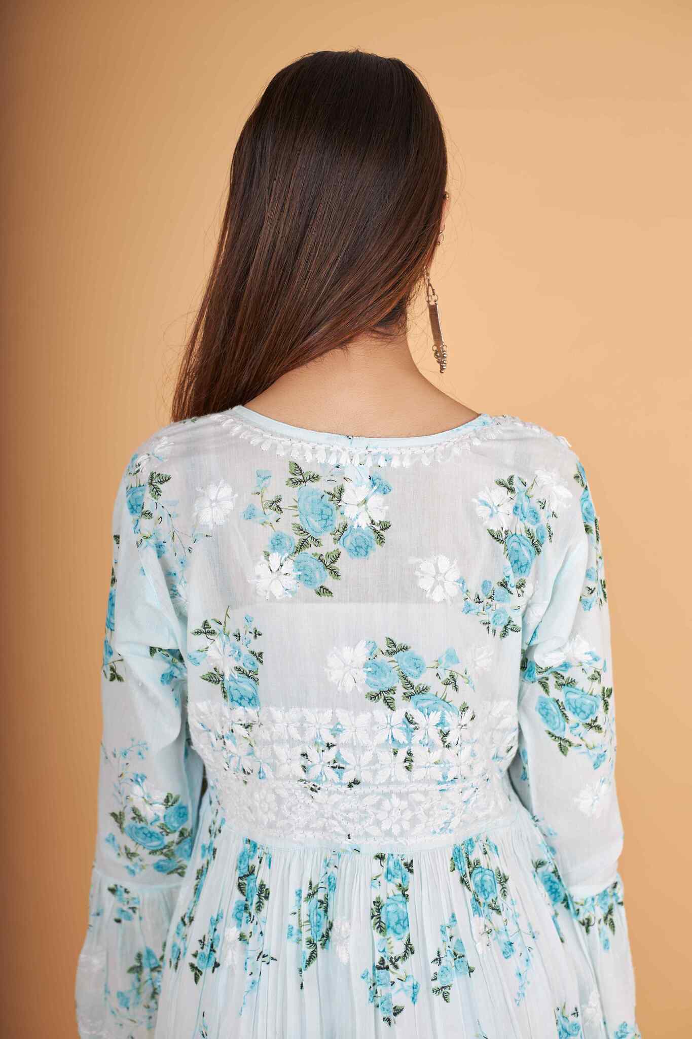 Arsh Handcrafted MulMul Cotton Printed Chikankari Frock Pattern Top - arshchikan