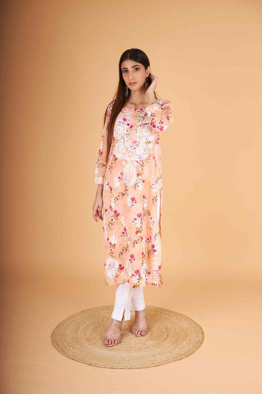 Arsh Handcrafted MulMul Cotton Printed Chikankari Kurti - arshchikan