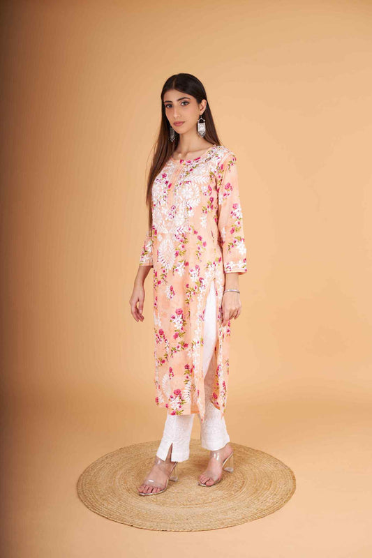 Arsh Handcrafted MulMul Cotton Printed Chikankari Kurti - arshchikan