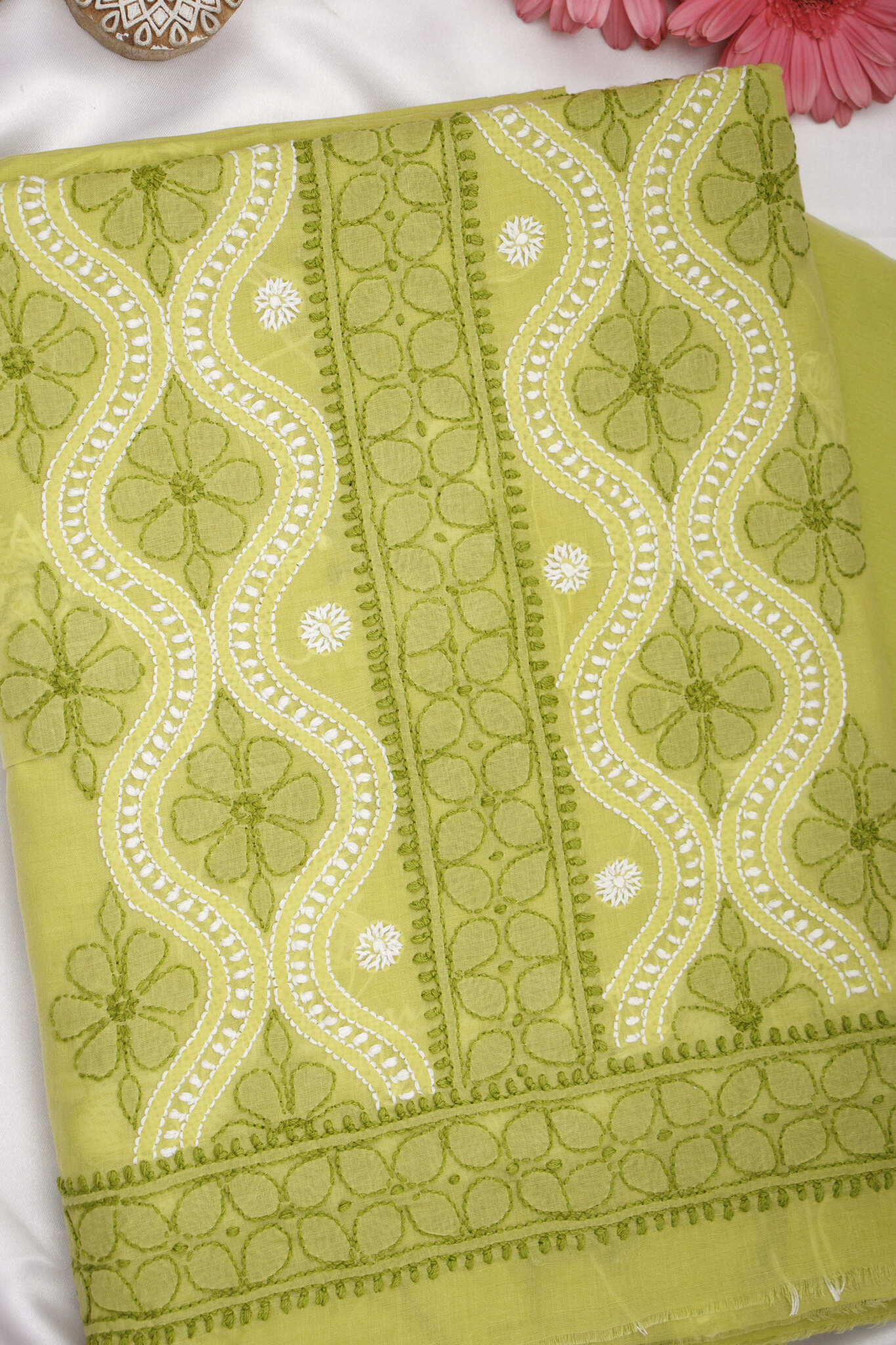 Arsh Handcrafted Parrot Green Cotton Unstitched 3pc Suit - arshchikan