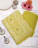 Arsh Handcrafted Tellow-Green Panel Jaali Cotton Unstitched 3pc Suit - arshchikan