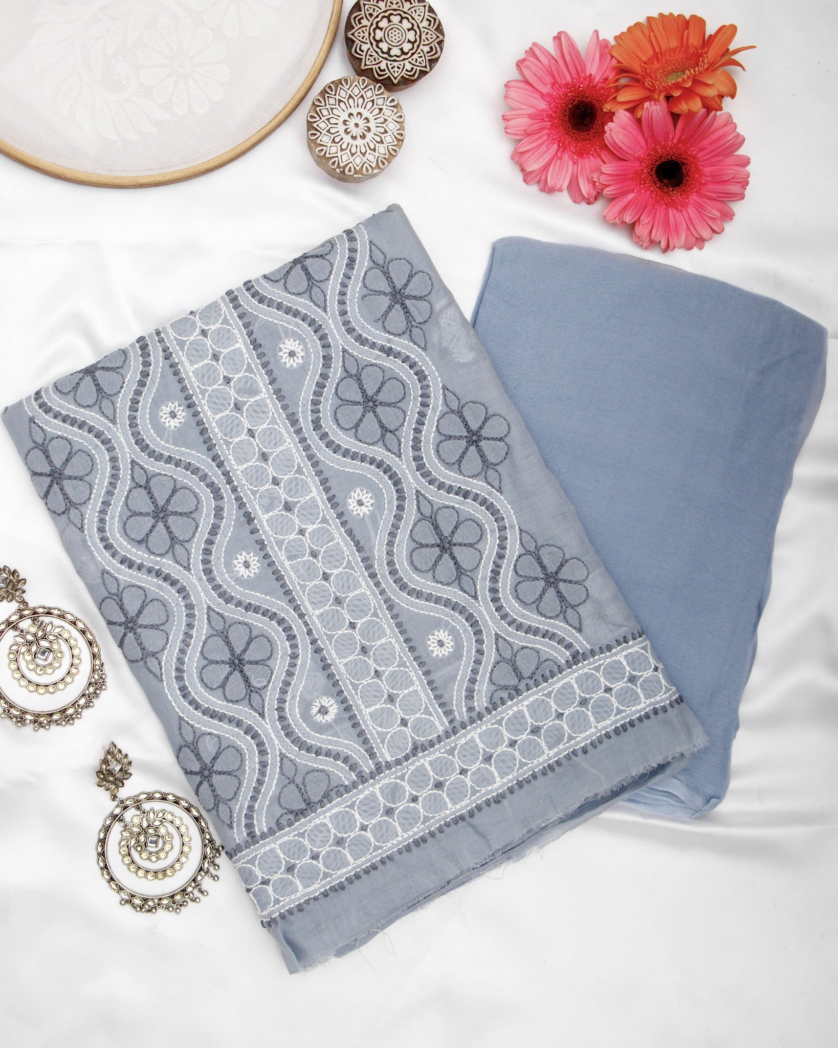 Arsh Handcrafted Steel Grey Cotton Unstitched 3pc Suit - arshchikan