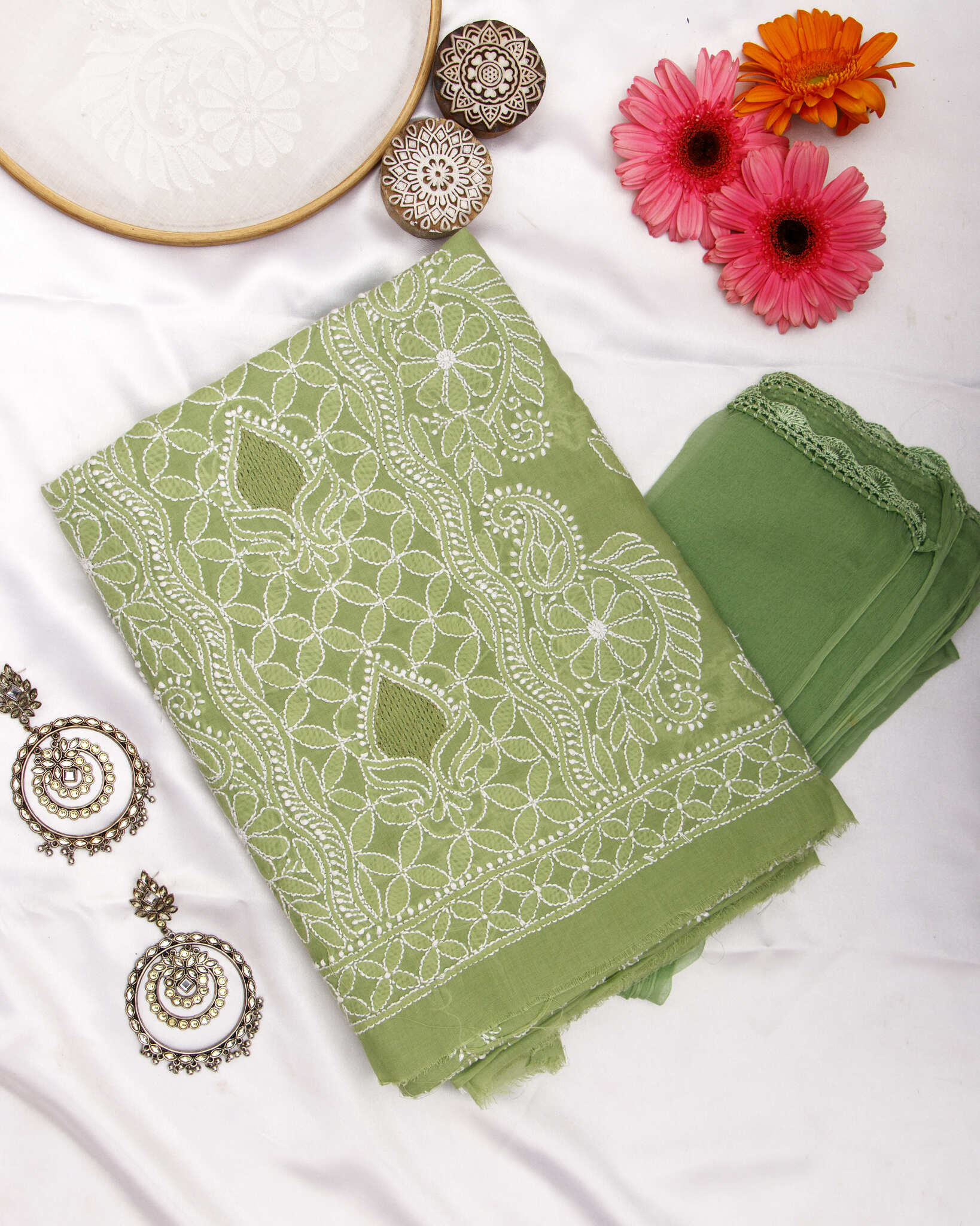 Arsh Handcrafted Forest Green Panel Jaali Cotton Unstitched 3pc Suit - arshchikan