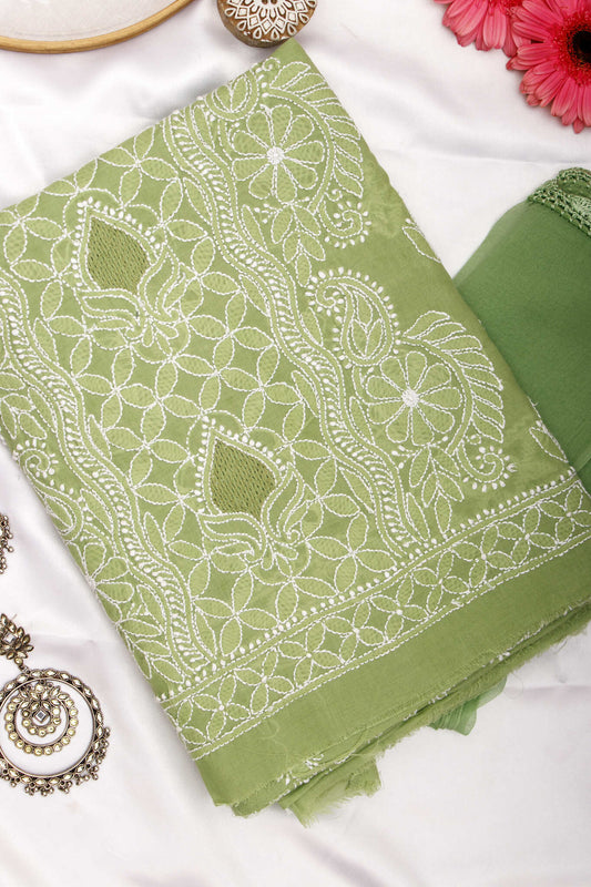 Arsh Handcrafted Forest Green Panel Jaali Cotton Unstitched 3pc Suit - arshchikan