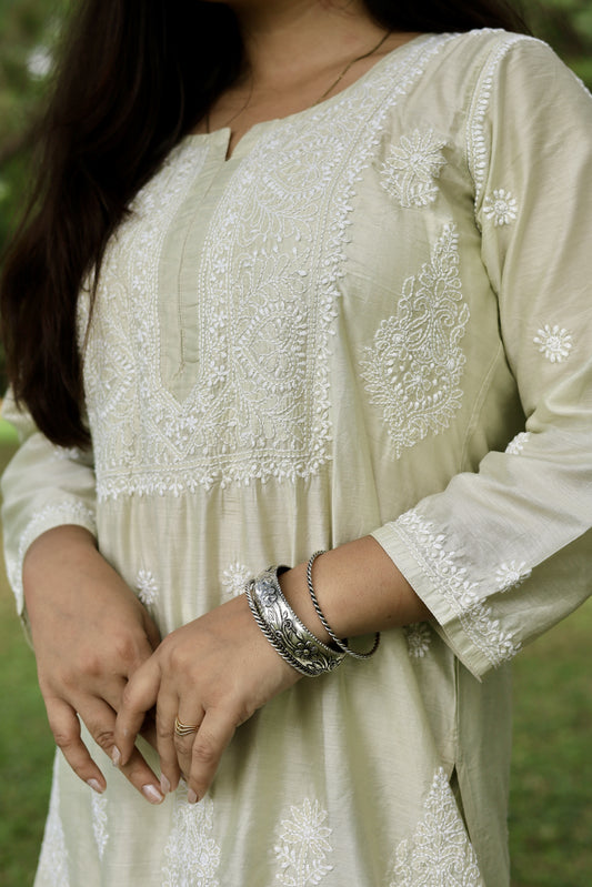 Arsh Handcrafted Chikan Muslin Chanderi Kurta and Pant Set