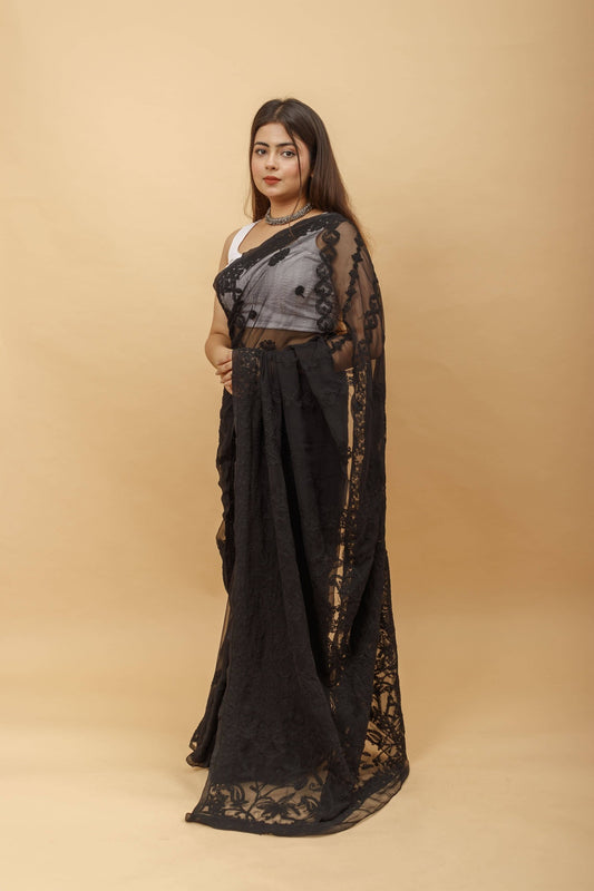 Arsh Handcrafted Semi Georgette Heavy Chikan Emrboidered Saree - arshchikan
