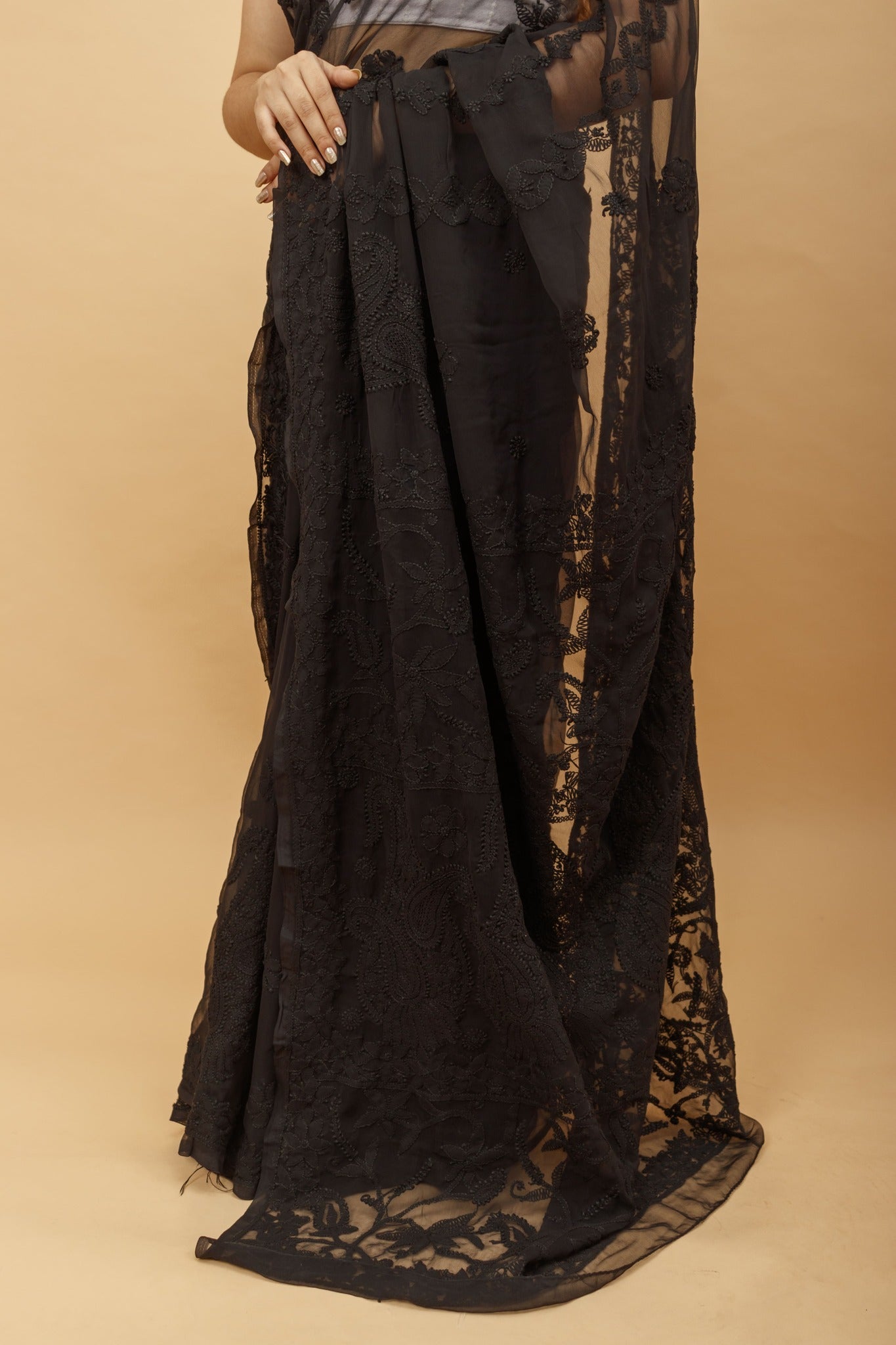 Arsh Handcrafted Semi Georgette Heavy Chikan Emrboidered Saree - arshchikan