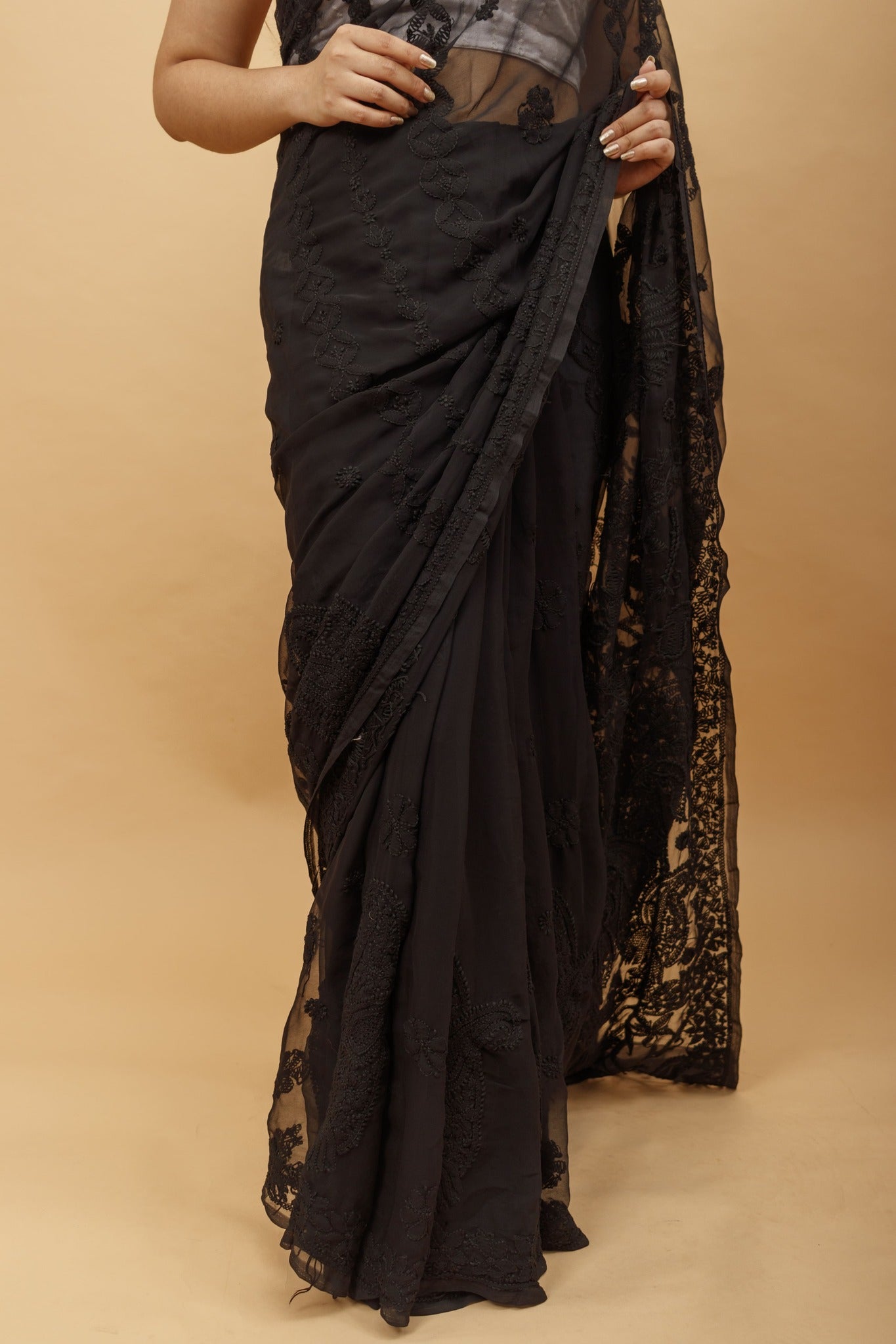 Arsh Handcrafted Semi Georgette Heavy Chikan Emrboidered Saree - arshchikan