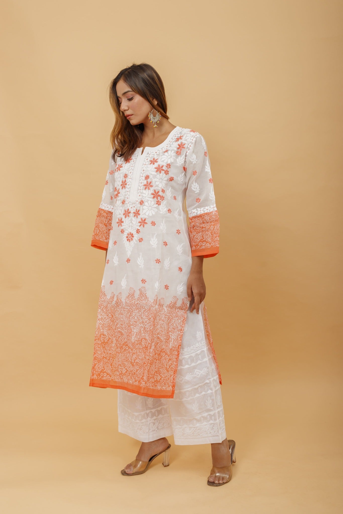 Arsh Handcrafted White and Orange Pure Cotton Chikankari Kairi Printed Kurti - arshchikan