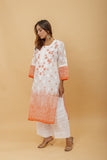 Arsh Handcrafted White and Orange Pure Cotton Chikankari Kairi Printed Kurti - arshchikan