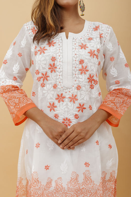 Arsh Handcrafted White and Orange Pure Cotton Chikankari Kairi Printed Kurti - arshchikan