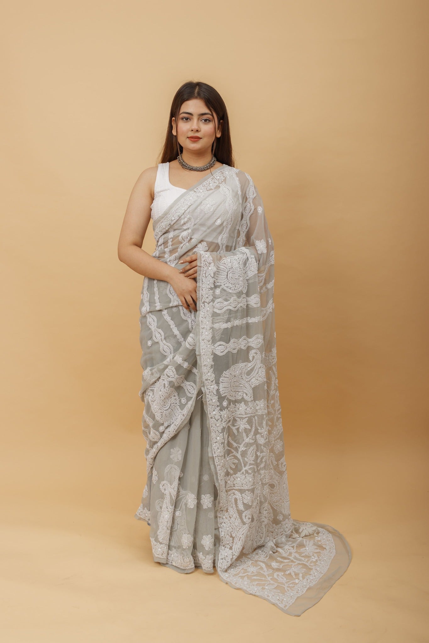 Arsh Handcrafted Semi Georgette Heavy Chikan Embroidered Saree - arshchikan