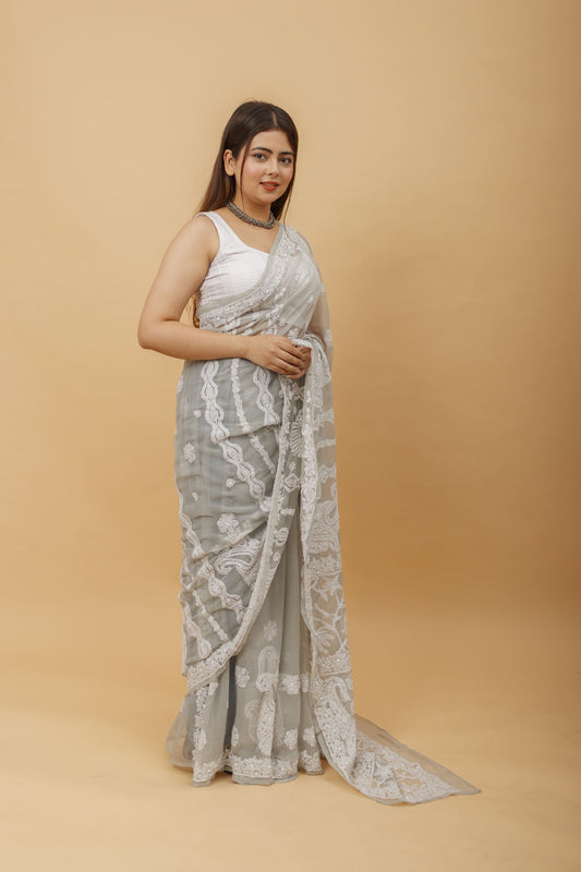 Arsh Handcrafted Semi Georgette Heavy Chikan Embroidered Saree - arshchikan