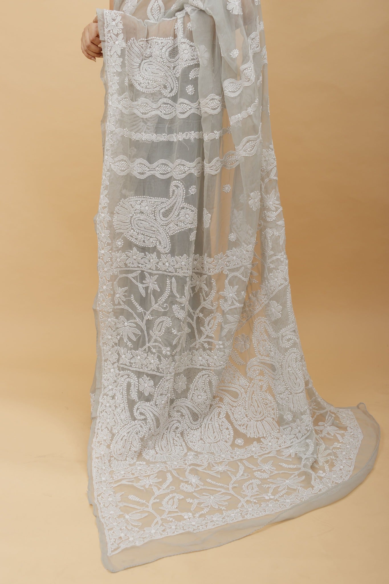 Arsh Handcrafted Semi Georgette Heavy Chikan Embroidered Saree - arshchikan