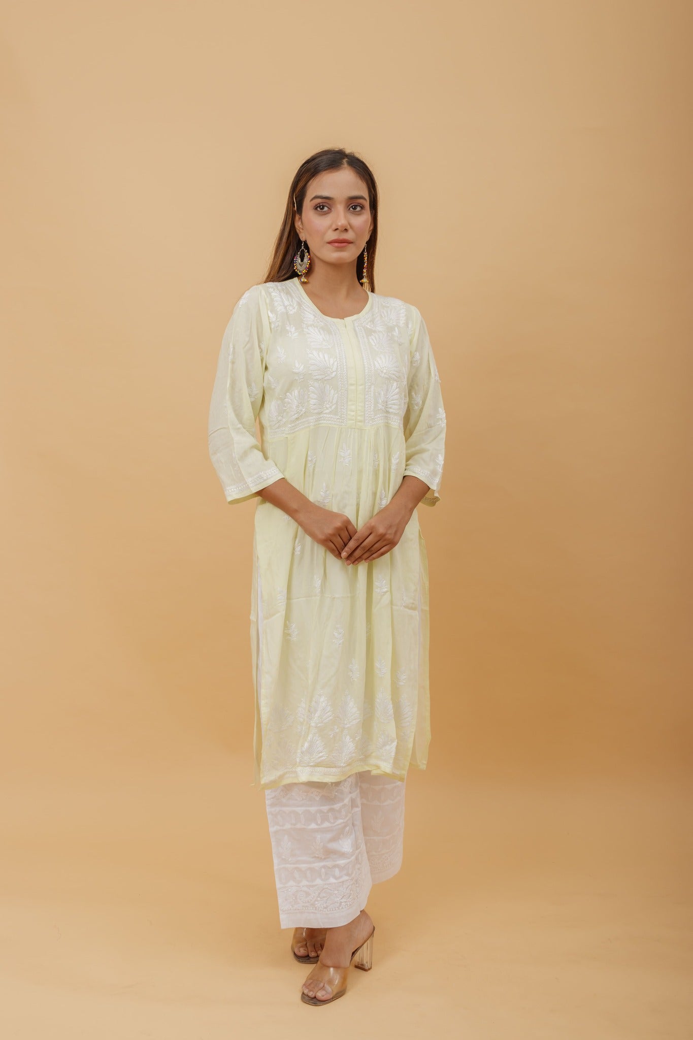 Arsh Handcrafted Lemon Green Modal Chikankari Front Pocket Gown Dress - arshchikan