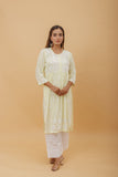 Arsh Handcrafted Lemon Green Modal Chikankari Front Pocket Gown Dress - arshchikan