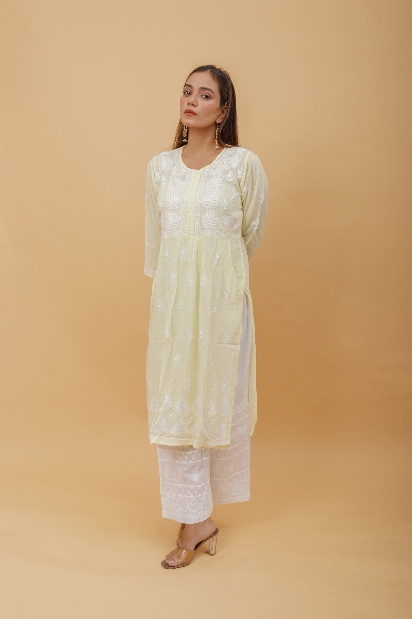 Arsh Handcrafted Lemon Green Modal Chikankari Front Pocket Gown Dress - arshchikan