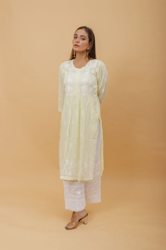Arsh Handcrafted Lemon Green Modal Chikankari Front Pocket Gown Dress - arshchikan