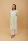 Arsh Handcrafted Lemon Green Modal Chikankari Front Pocket Gown Dress - arshchikan