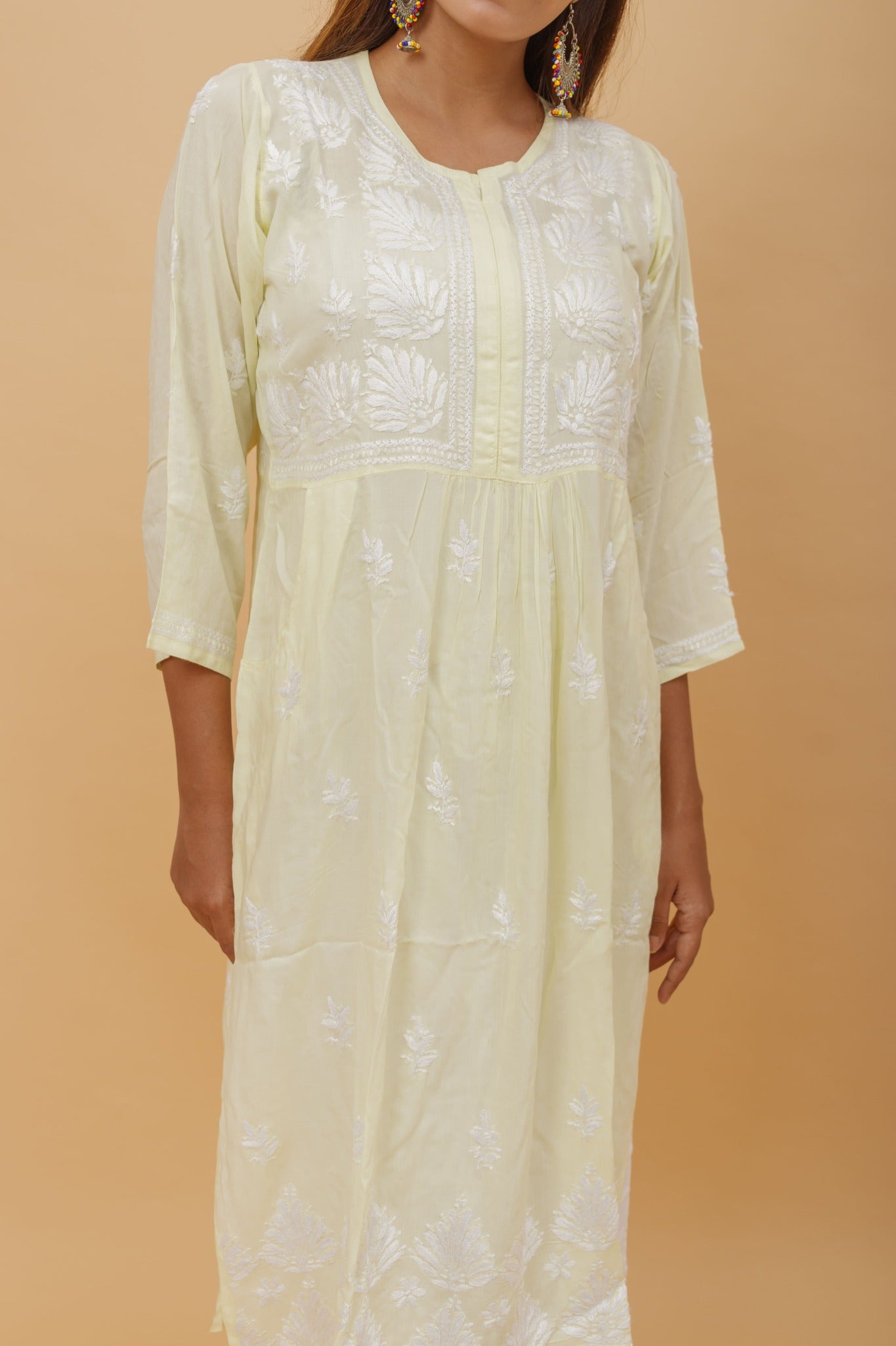 Arsh Handcrafted Lemon Green Modal Chikankari Front Pocket Gown Dress - arshchikan