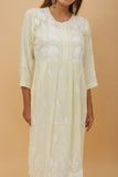 Arsh Handcrafted Lemon Green Modal Chikankari Front Pocket Gown Dress - arshchikan