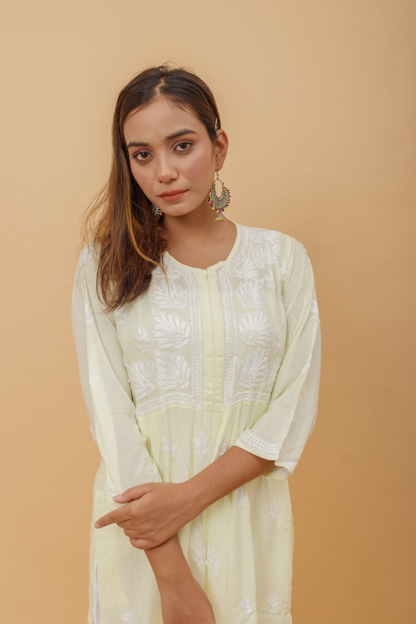 Arsh Handcrafted Lemon Green Modal Chikankari Front Pocket Gown Dress - arshchikan