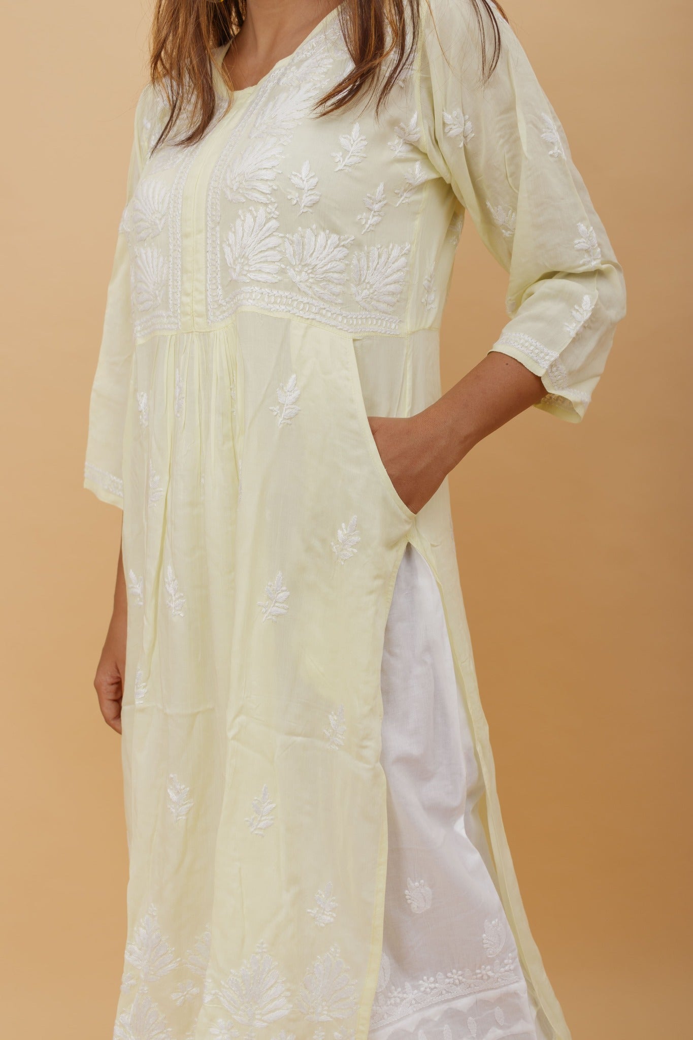 Arsh Handcrafted Lemon Green Modal Chikankari Front Pocket Gown Dress - arshchikan