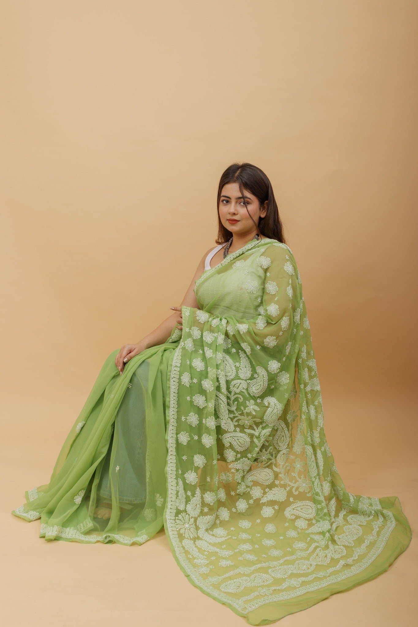 Arsh Handcrafted Semi Georgette Heavy Palla Chikan Embroidered Saree - arshchikan