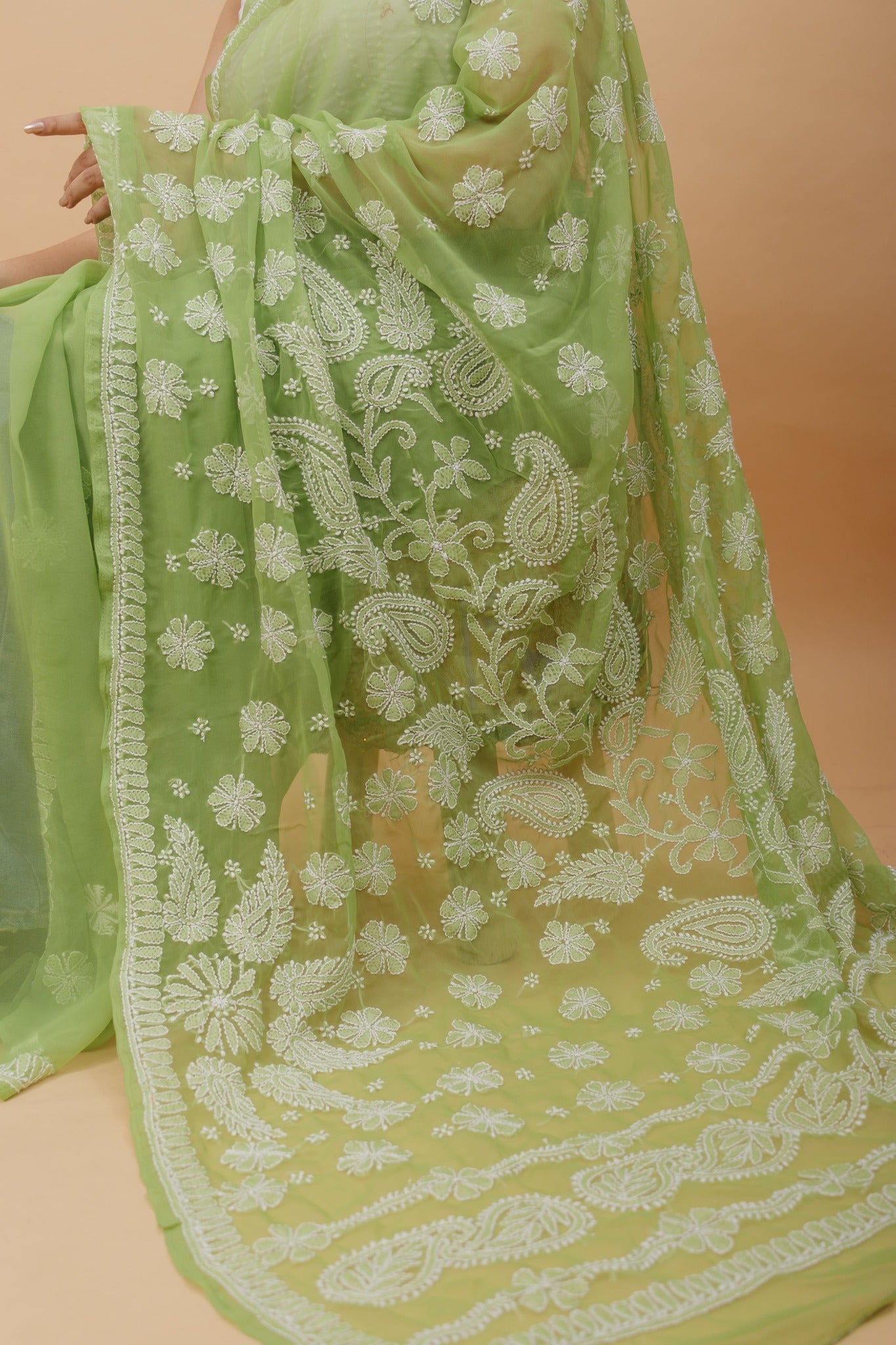 Arsh Handcrafted Semi Georgette Heavy Palla Chikan Embroidered Saree - arshchikan