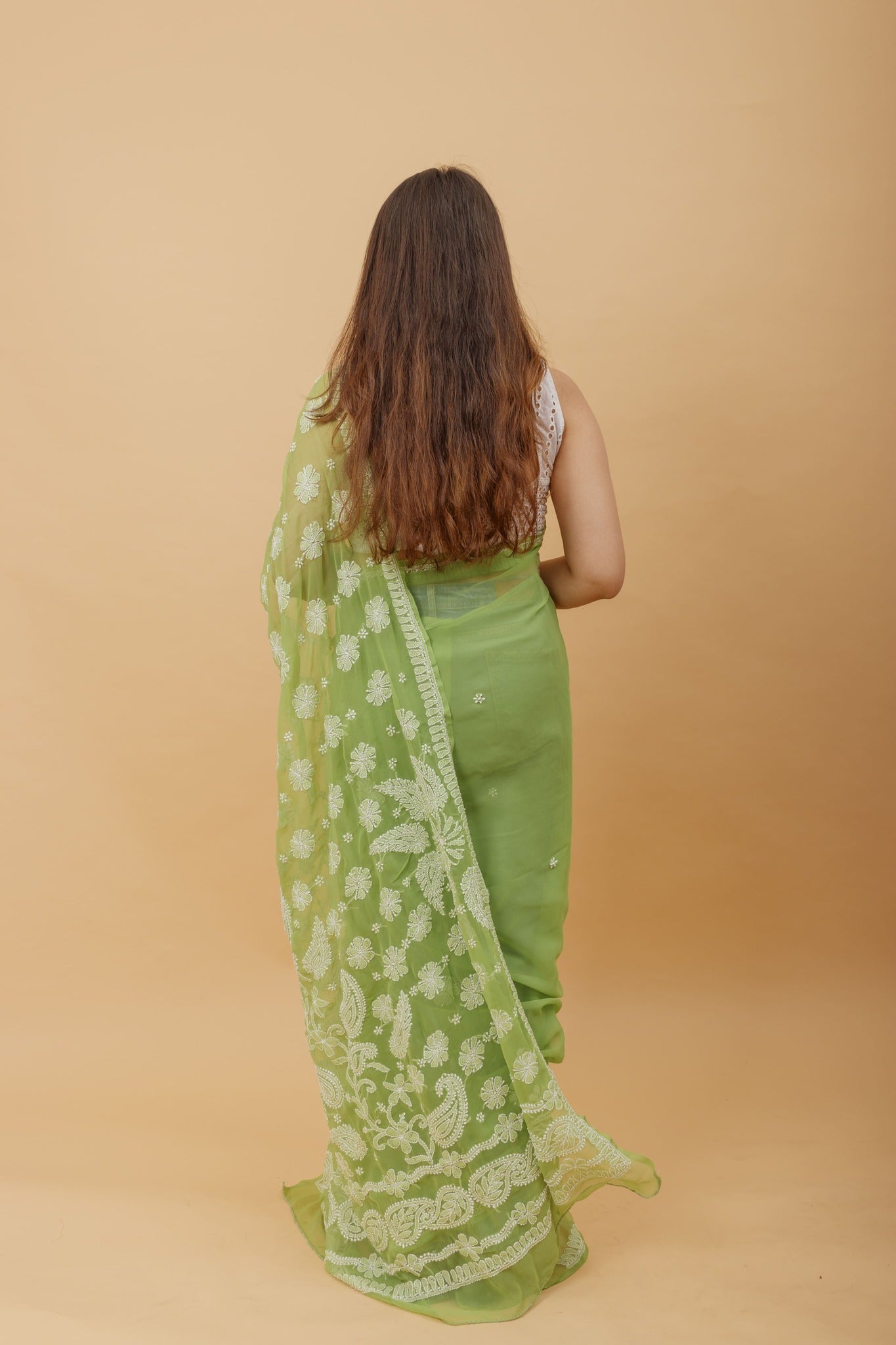 Arsh Handcrafted Semi Georgette Heavy Palla Chikan Embroidered Saree - arshchikan