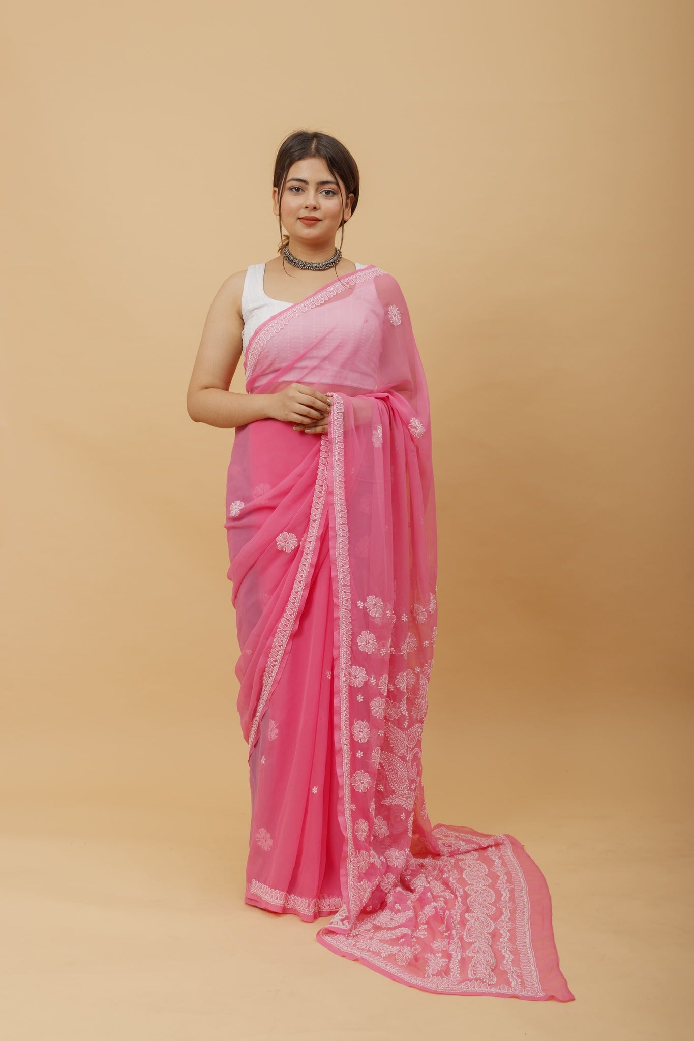 Arsh Handcrafted Semi Georgette Heavy Palla Chikan Embroidered Saree - arshchikan