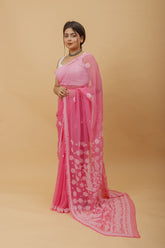 Arsh Handcrafted Semi Georgette Heavy Palla Chikan Embroidered Saree - arshchikan